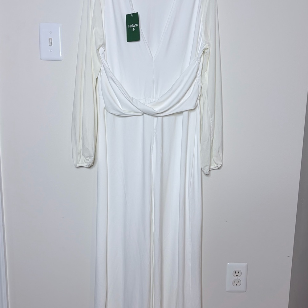 White Long Sleeve Jumpsuit with V-Neck